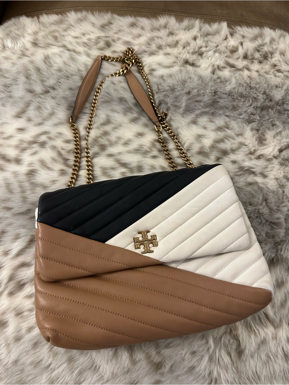 Tory Burch Tri-Panel Quilted Shoulder Bag in Black, White & Tan